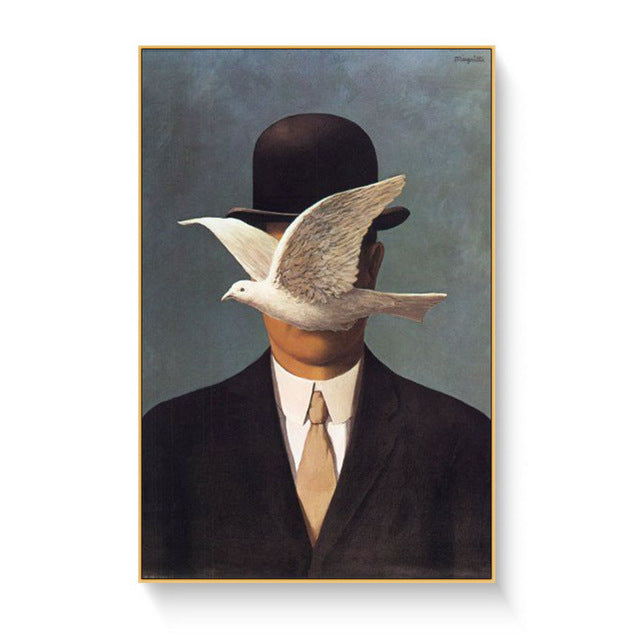 VibeCore Rene Magritte Canvas Prints Option D: Man in black hat with dove flying in front of his face