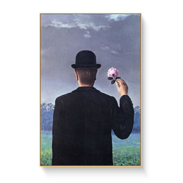VibeCore Rene Magritte Canvas Prints Option E: Man in black hat facing mountains holding a pink rose