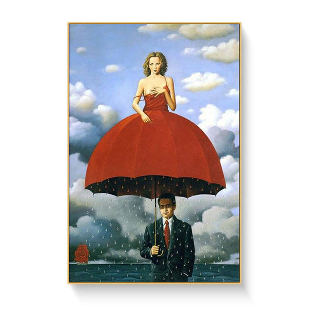 VibeCore Rene Magritte Canvas Prints Option F: Man in a suit using a woman in a red dress as an umbrella