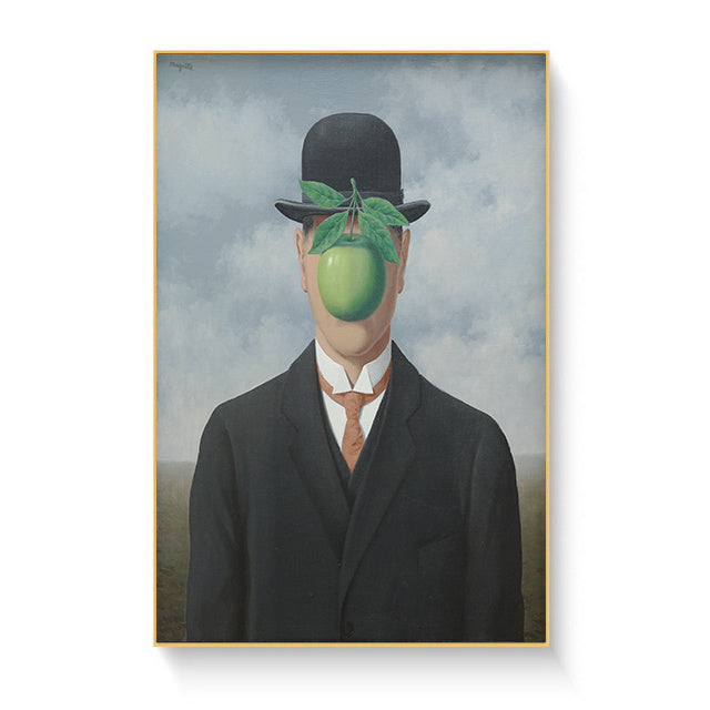 VibeCore Rene Magritte Canvas Prints Option H: Man in black hat with green apple in front of his face