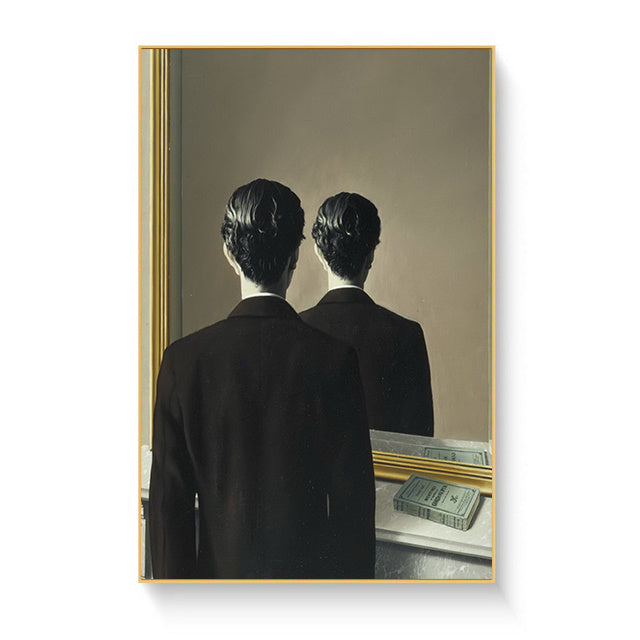 VibeCore Rene Magritte Canvas Prints Option I: Man looking in mirror with reflection the man with his back faced towards him also looking in the mirror