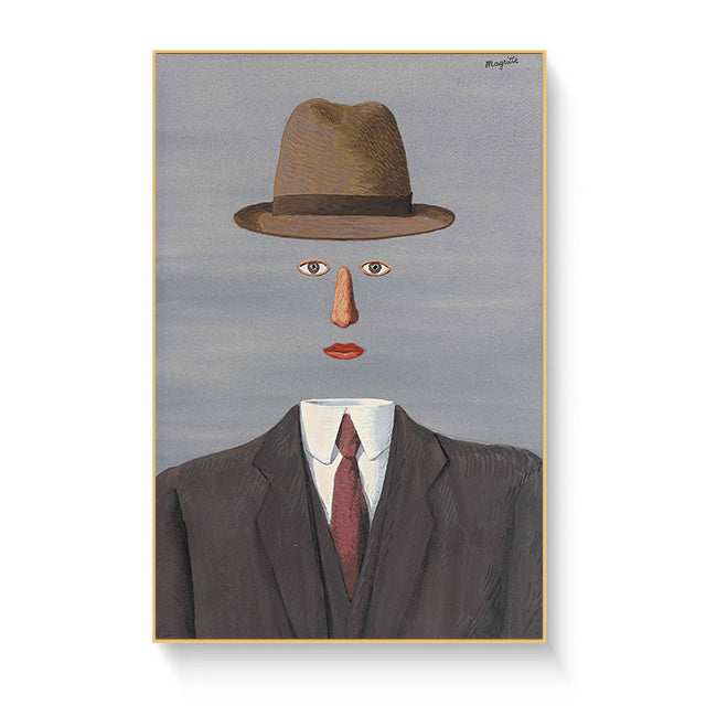 VibeCore Rene Magritte Canvas Prints Option K: Headless man with a brown hat but with floating eyes, nose and lips