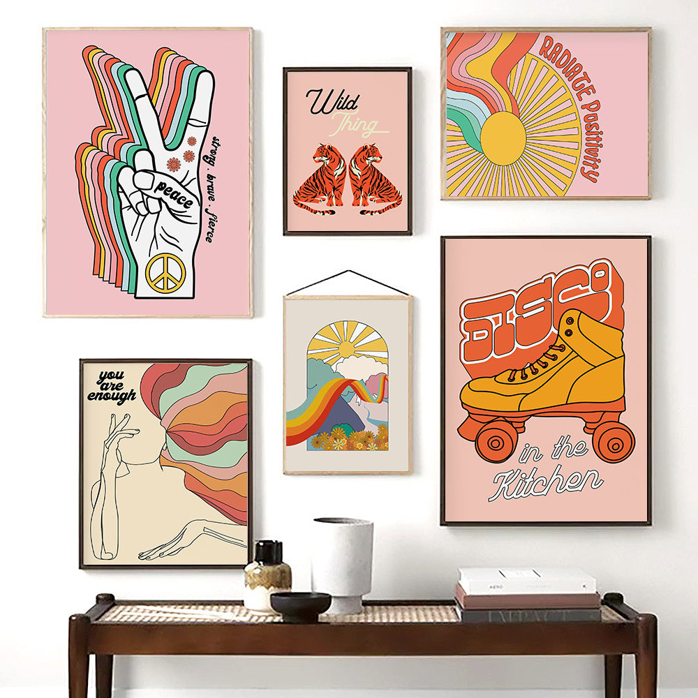 VibeCore Retro Color Canvas Prints Framed On Wall Above Console Table