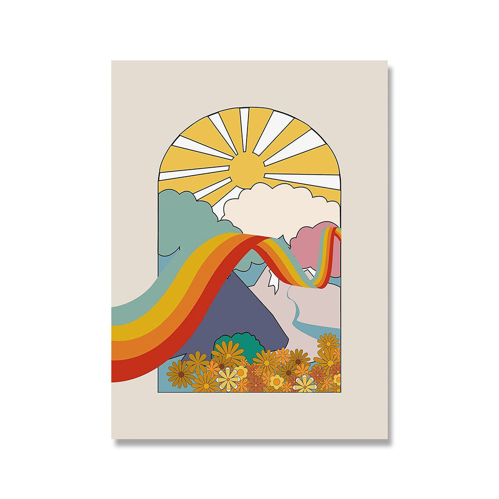 VibeCore Retro Color Canvas Prints Option A: Rainbow and sunshine and flowers drawing