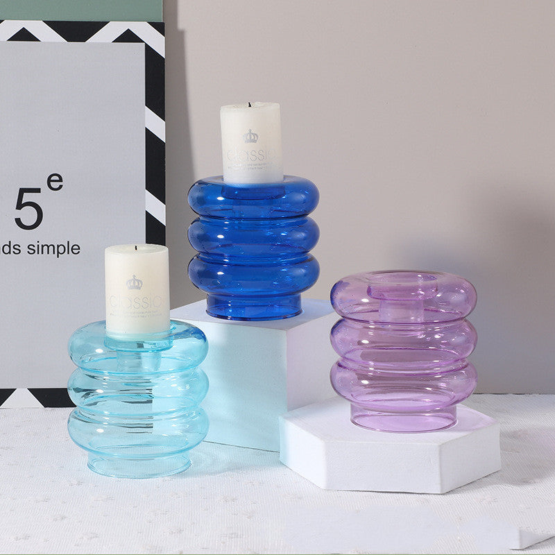 VibeCore Retro Glass Donut Candle Holder in blue, sky blue, and lilac, featuring playful donut-shaped designs made from high-quality borosilicate glass, perfect for taper candles, handcrafted for durability and temperature resistance.