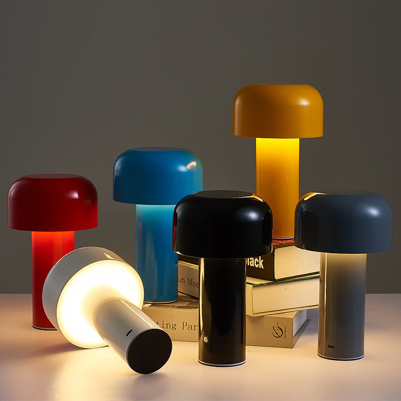 VibeCore Retro Metal Mushroom Table Lamp in various colors (black, white, red, etc.), all lit, showcasing the sleek, mushroom-shaped design and vibrant lighting effects.