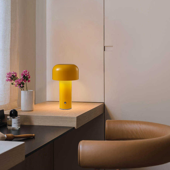VibeCore Retro Metal Mushroom Table Lamp in yellow, placed on a desk, showcasing its sleek, mushroom-shaped design and compact size.