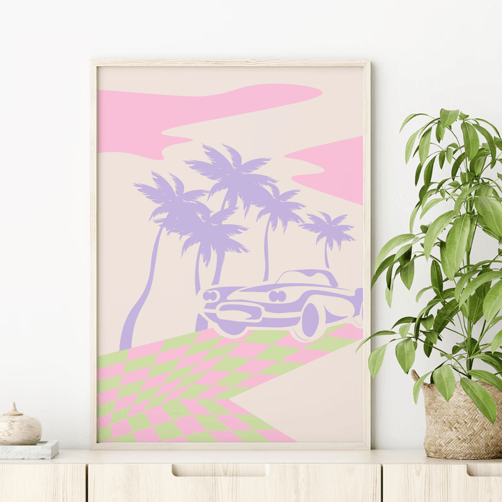 VibeCore Retro Nostalgia Canvas Prints Option A Pastel Colors Drawing Of Sports Car Driving Under Palm Tree