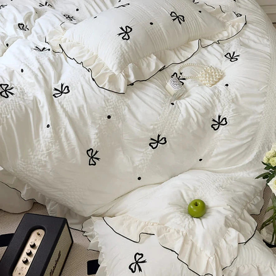 VibeCore Ribbon Ruffle Duvet Cover Set Aerial View Close Up