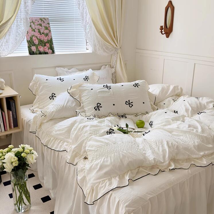 VibeCore Ribbon Ruffle Duvet Cover Set Front Corner View