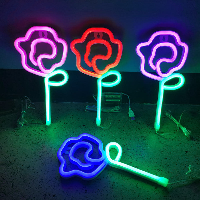 VibeCore Rose Neon Light in four colors—pink, red, purple, and blue—creating a romantic and elegant glow, perfect for enhancing the ambiance of any space.