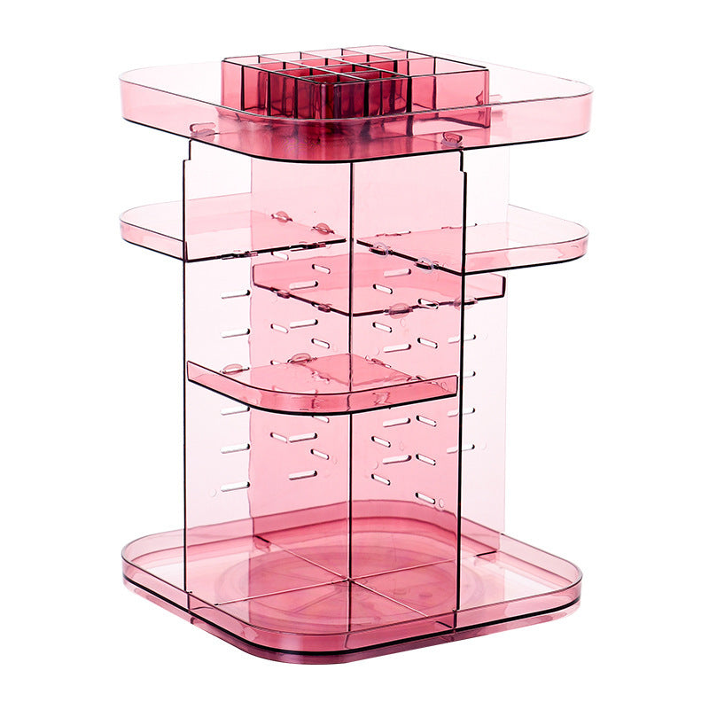 Full product view of the VibeCore Rotating Colorful Transparent Makeup Organizer in mauve, showcasing empty shelves, durable acrylic build, and sleek 360° rotation