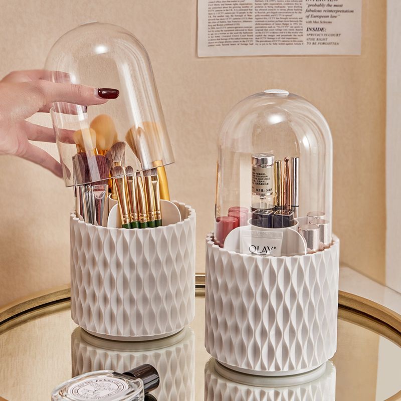 Showing the removable dust-proof case, featuring 360° rotation and multiple compartments for brushes, makeup pencils, and beauty essentials. Transparent acrylic design offers easy access and protection from dust and moisture.