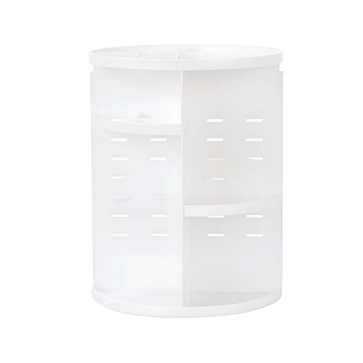 VibeCore Rotating Makeup Organizer in White, showcasing the sleek, compact design of the 360° rotating organizer, perfect for organizing cosmetics, skincare, and beauty tools.