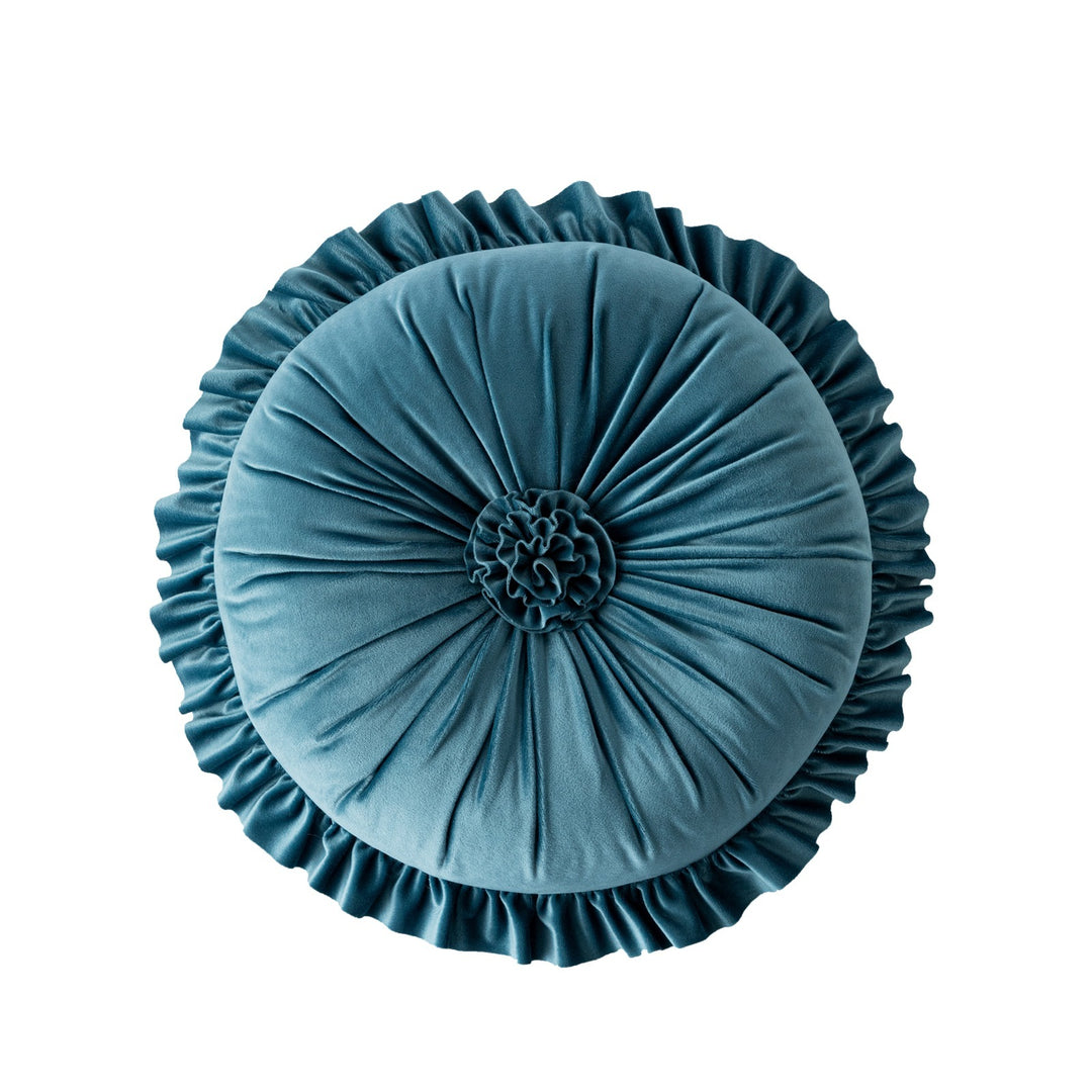 VibeCore Round Tufted Flower Throw Pillow in blue, with a ruffled Dutch velvet design that brings a stylish and luxurious touch to any space.