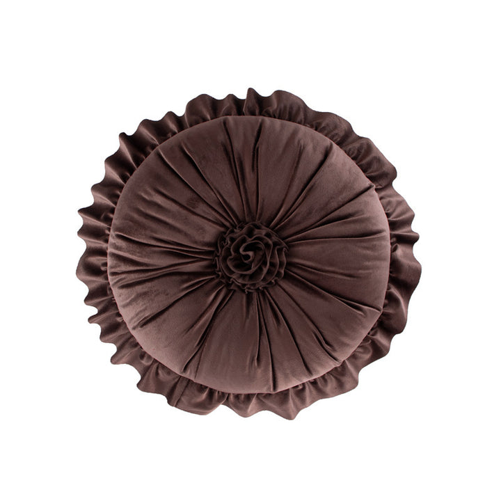 VibeCore Round Tufted Flower Throw Pillow in brown, featuring a luxurious ruffled Dutch velvet design, adding warmth and style to your living room or bedroom decor.