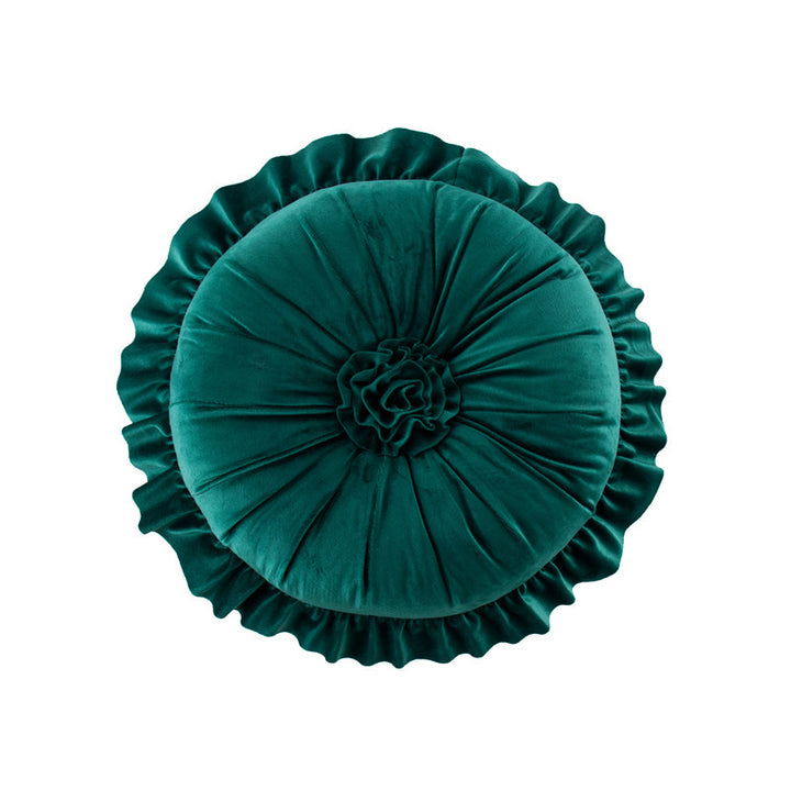 VibeCore Round Tufted Flower Throw Pillow in emerald green, featuring a plush Dutch velvet fabric with a chic ruffled flower design, perfect for adding a vibrant touch to your decor.