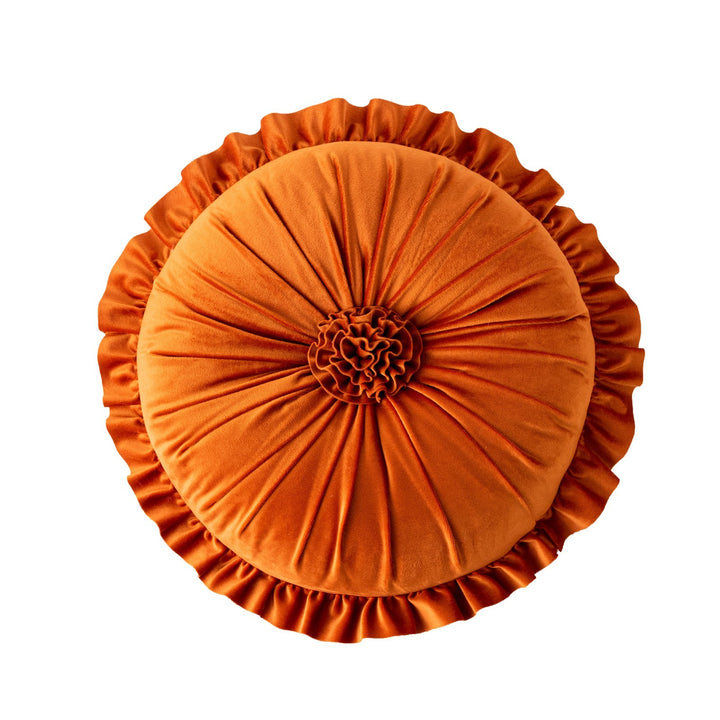 VibeCore Round Tufted Flower Throw Pillow in vibrant orange, featuring a chic ruffled flower design made from luxurious Dutch velvet for a bold and stylish room accent.
