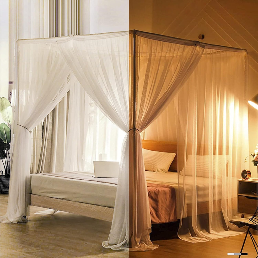 VibeCore Royal Bed Canopy White Around Bed Frame In Day vs Night