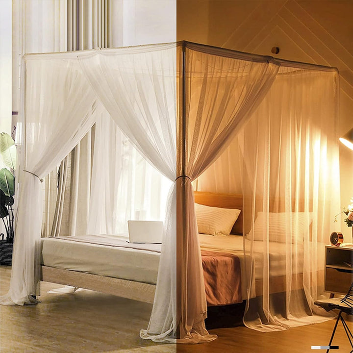 VibeCore Royal Bed Canopy White Around Bed Frame In Day vs Night