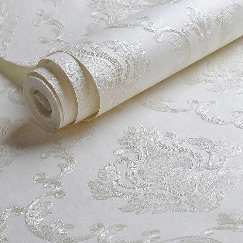 VibeCore Royal White Embossed Self-Adhesive Wallpaper, luxurious textured design, peel and stick, waterproof, stain-resistant, thick durable material, easy DIY decor, ideal for accent walls.
