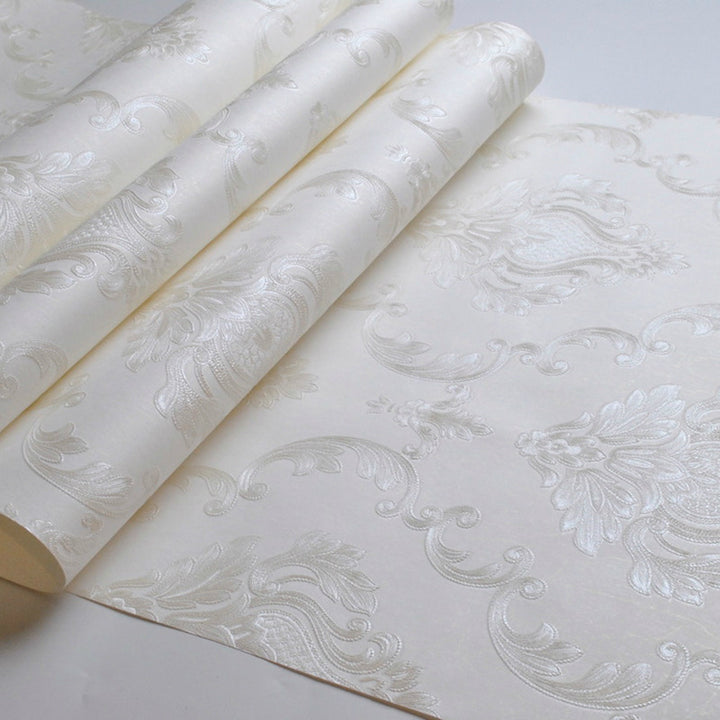 VibeCore Royal White Embossed Self-Adhesive Wallpaper Roll Close Up, elegant textured surface, peel and stick backing, waterproof, thick durable material, easy DIY home decor.