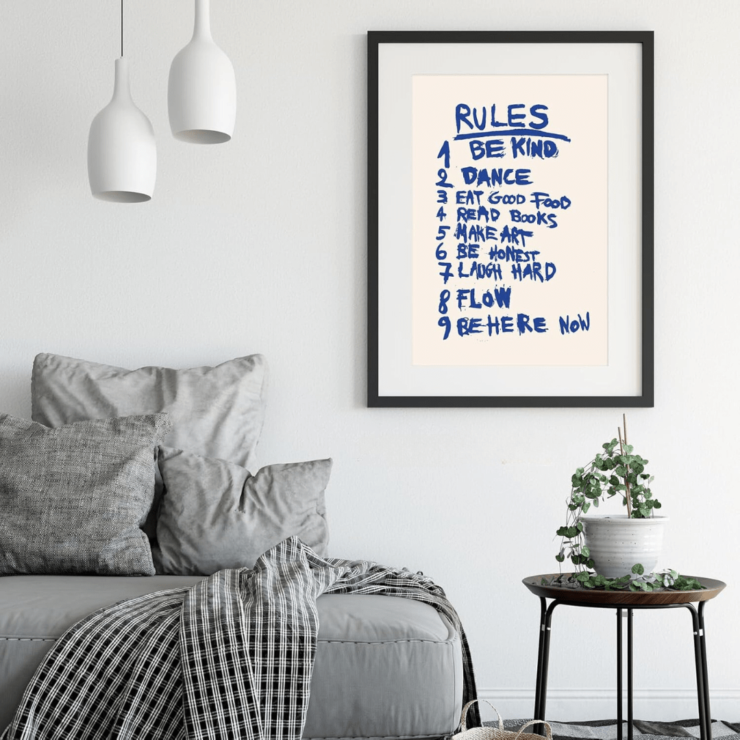 VibeCore Rules Canvas Print featuring Rules: 1 Be Kind 2 Dance 3 Eat Good Food 4 Read Books 5 Make Art 6 Be Honest 7 Laugh Hard 8 Flow 9 Be Here Now