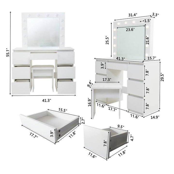 VibeCore SABRINA Hollywood Lights Makeup Vanity + Stool Product Size