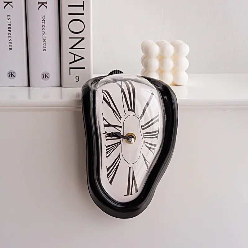 Aesthetic Salvador Dali-inspired melting clock in black with a surreal, draped design, blending functionality and artistic creativity. Perfect for adding a unique statement piece to any space
