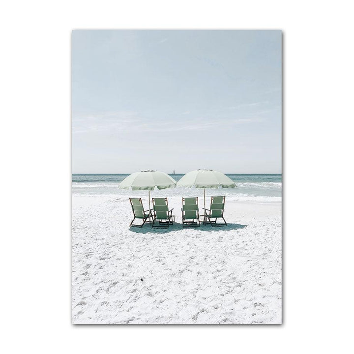 VibeCore Sea Life Canvas Prints Option E: 4 beach chairs under 2 umbrellas on beach