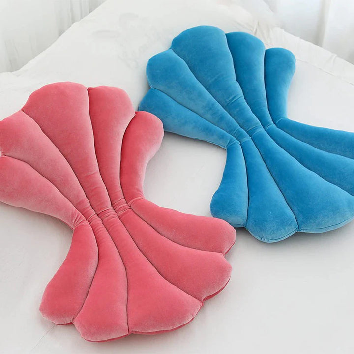VibeCore Seashell Seat Cushion in Pink and Blue, laid flat to showcase the soft velvet plush fabric and seashell design. Filled with PP cotton for a supportive, cozy feel, perfect for adding a playful, coastal touch to any seat.