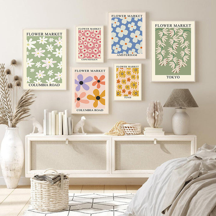 VibeCore Simple Florals Flower Market canvas posters on bedroom wall, aesthetic floral prints for dorm room, teen bedroom, or minimalist apartment decor.