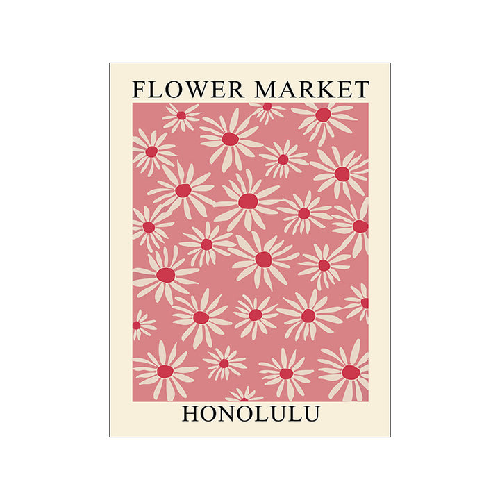 VibeCore Simple Florals Flower Market Canvas Posters Option G - Honolulu with white flowers with red centre on a pink background.