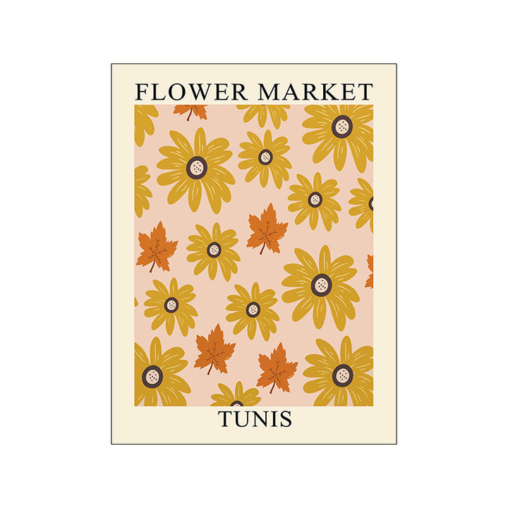 VibeCore Simple Florals Flower Market Canvas Posters Option I - Tunis with yellow florals and orange leaves on soft pink background. 