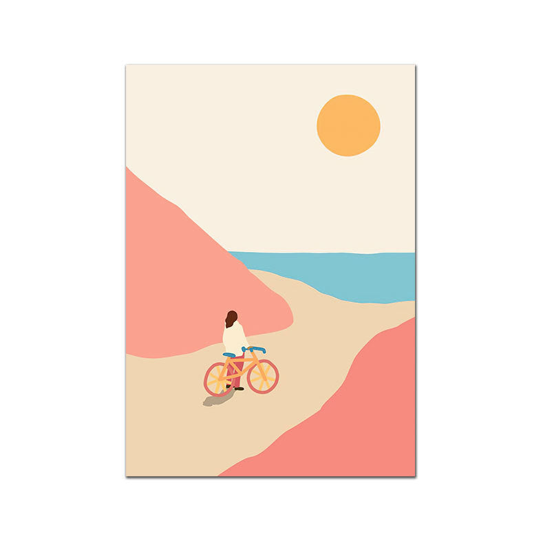 VibeCore Simple Landscape Canvas Prints Option B - drawing of girl walking bike on trail overlooking ocean and sun