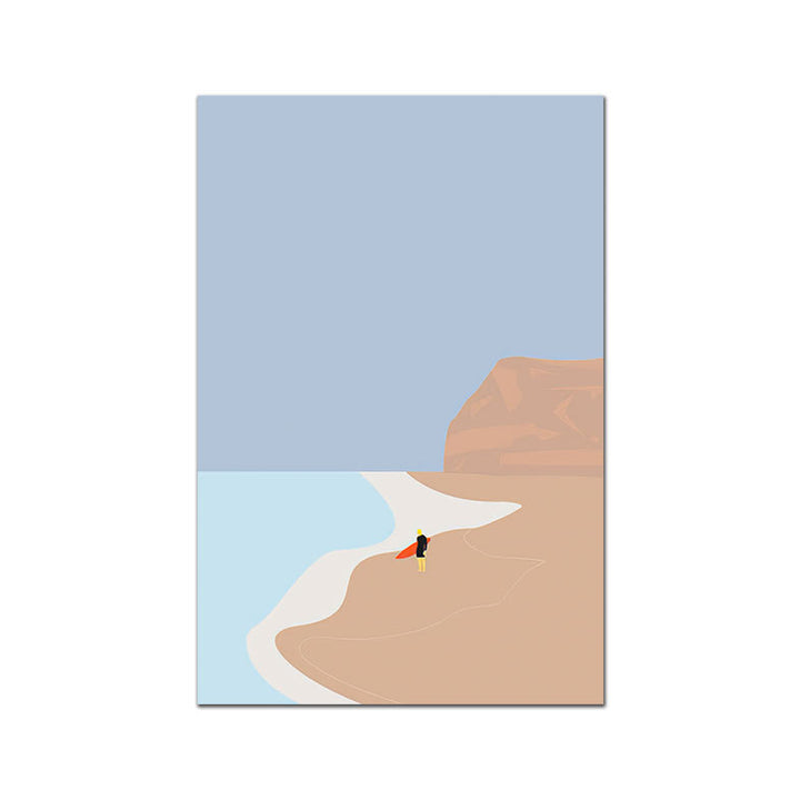 VibeCore Simple Landscape Canvas Prints Option C - drawing of blue gray sky with surfer standing on beach looking at ocean