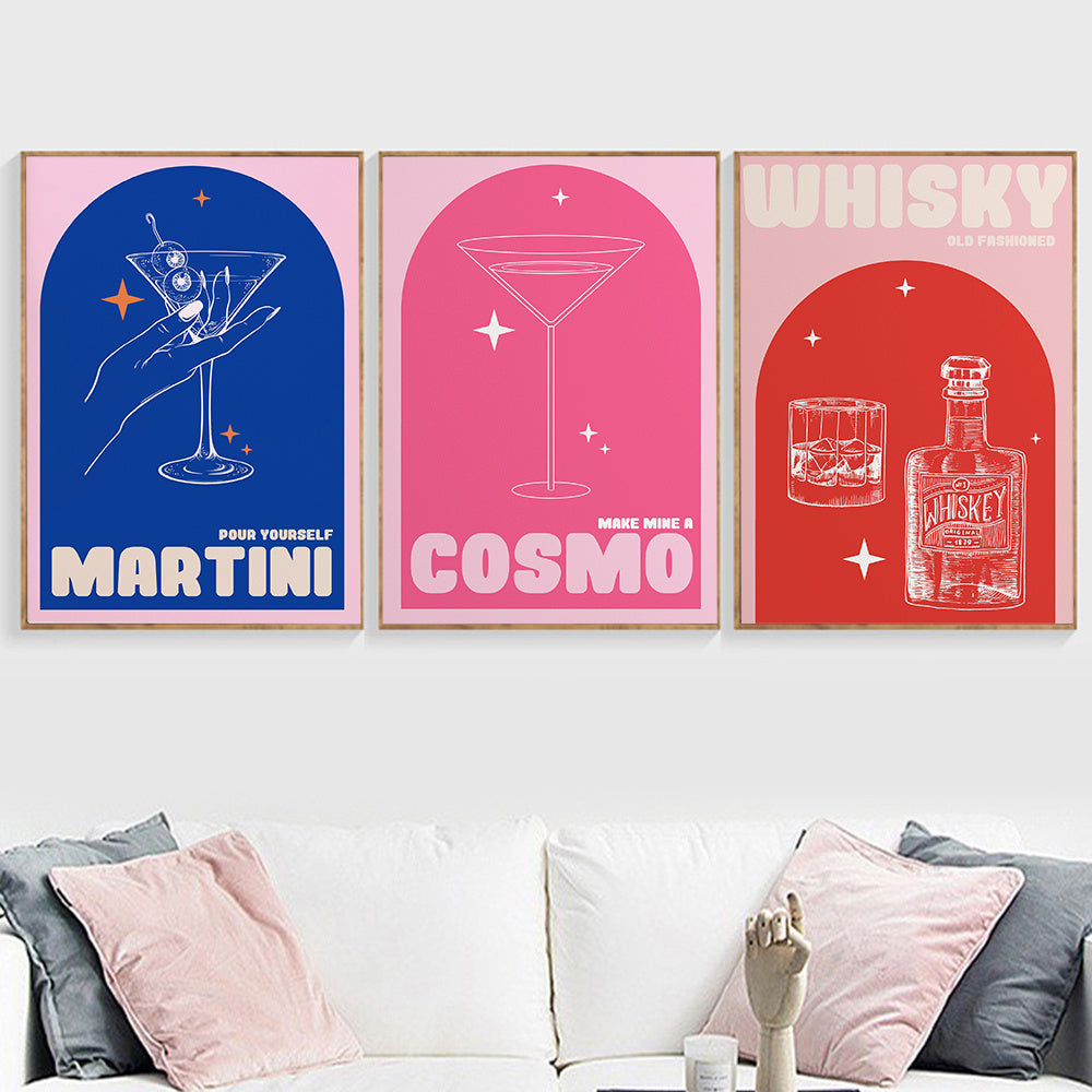 VibeCore Sip & Style Canvas Prints Option A C and D Framed On Wall Above Couch