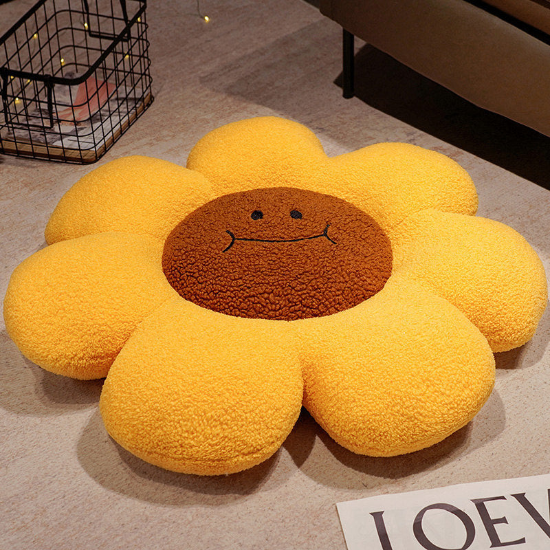 VibeCore Smiley Sunflower Throw Pillow with a brown face, featuring a playful sunflower design that adds a cheerful and fun vibe to your room decor.