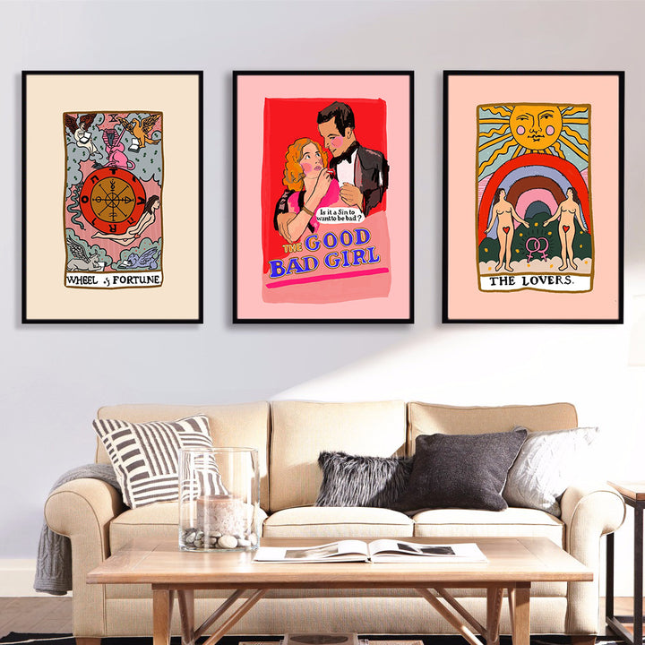 VibeCore Spiritual Lover Girl Canvas Prints Option A E and F On Wall Above Couch