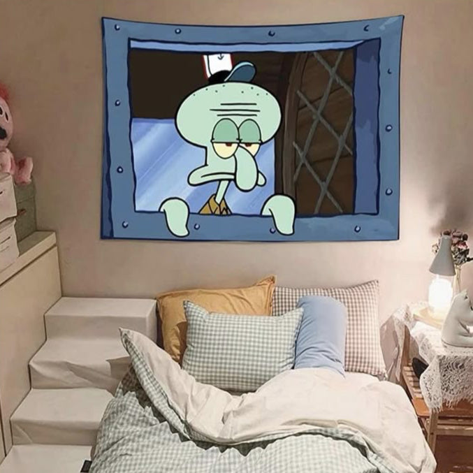 VibeCore Squidward Krusty Krab Window Tapestry In Bedroom