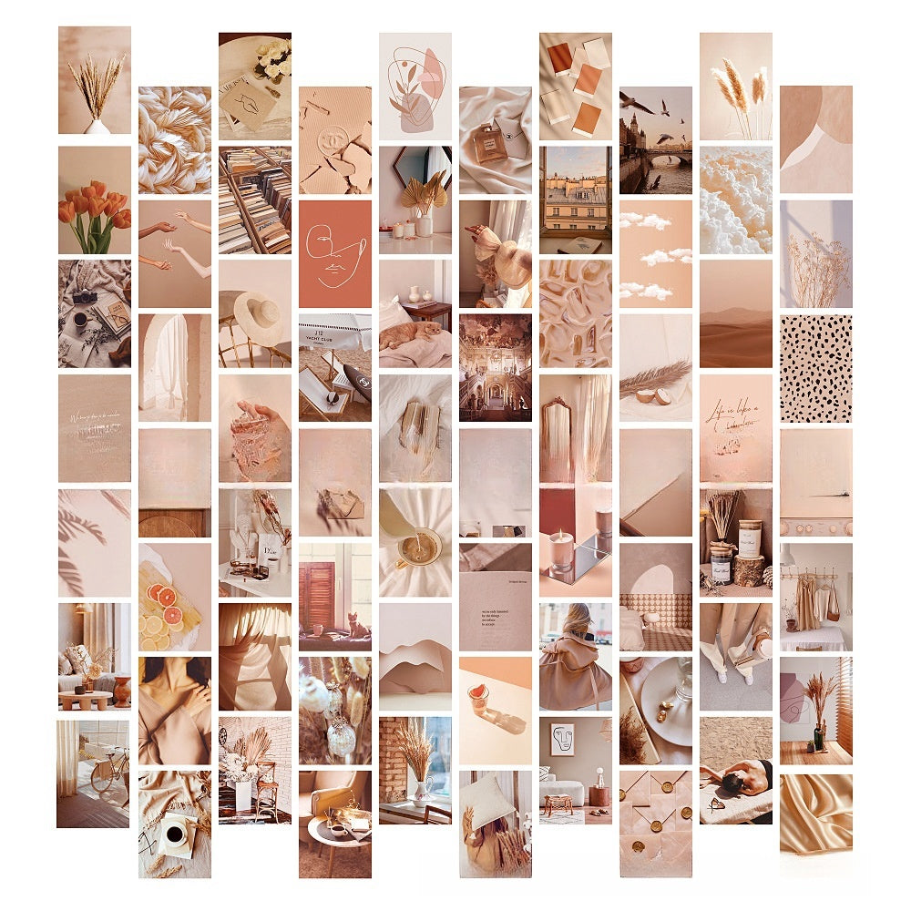 Summer Warmth Wall Collage Kit by VibeCore, featuring 70 serene beige-toned prints with desert-inspired and artsy designs. Perfect for creating a warm, relaxing photo collage poster or wall art display in your dorm room or bedroom. Printed on high-quality matte paper for a sleek, glare-free finish.