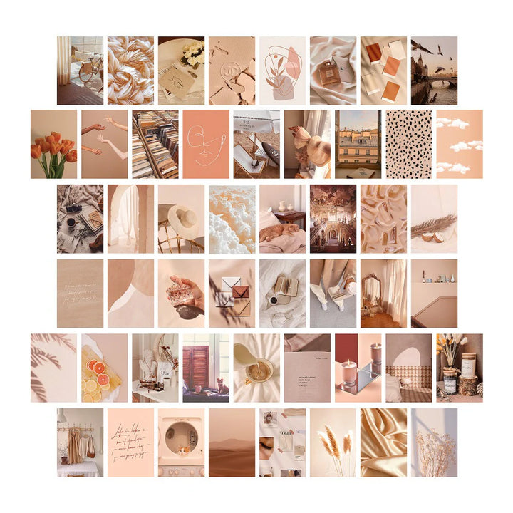 VibeCore Summer Warmth Wall Collage Kit featuring half of the 70 serene beige-toned prints with desert-inspired and artsy designs, displayed on a wall. Ideal for creating a warm, customizable collage in your space.