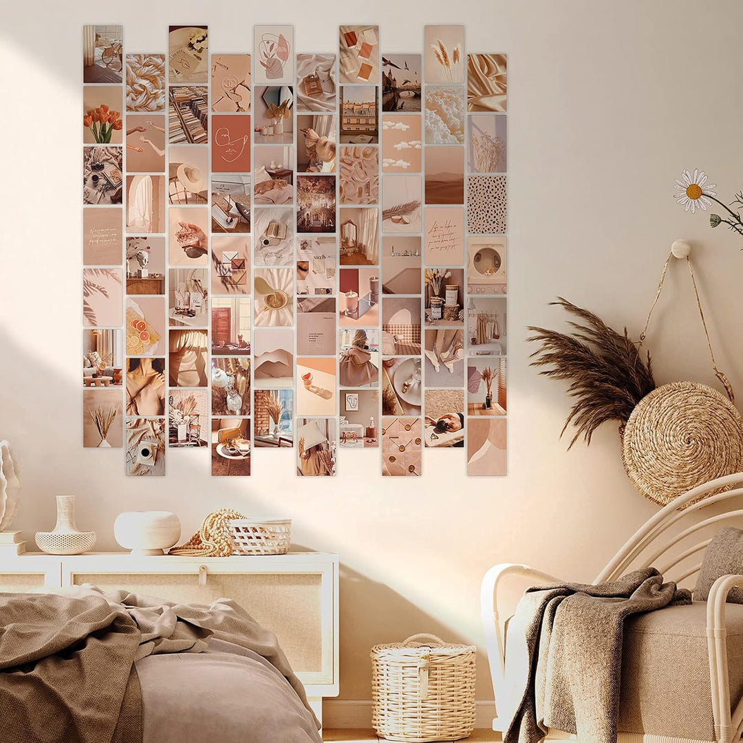 VibeCore Summer Warmth Wall Collage Kit displayed on a boho living room wall, featuring 70 serene beige-toned prints with desert-inspired and artsy designs. Perfect for enhancing the warm, cozy, and eclectic vibe of your boho-inspired space.