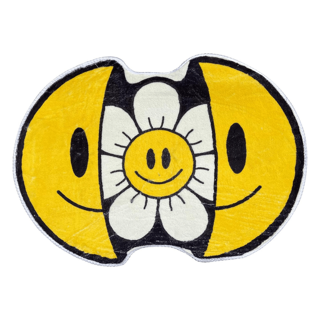VibeCore Sunshine Split Smiley Accent Rug showcasing its playful design with a smiling face splitting open to reveal a vibrant sunflower, offering a cheerful and whimsical touch to any room.