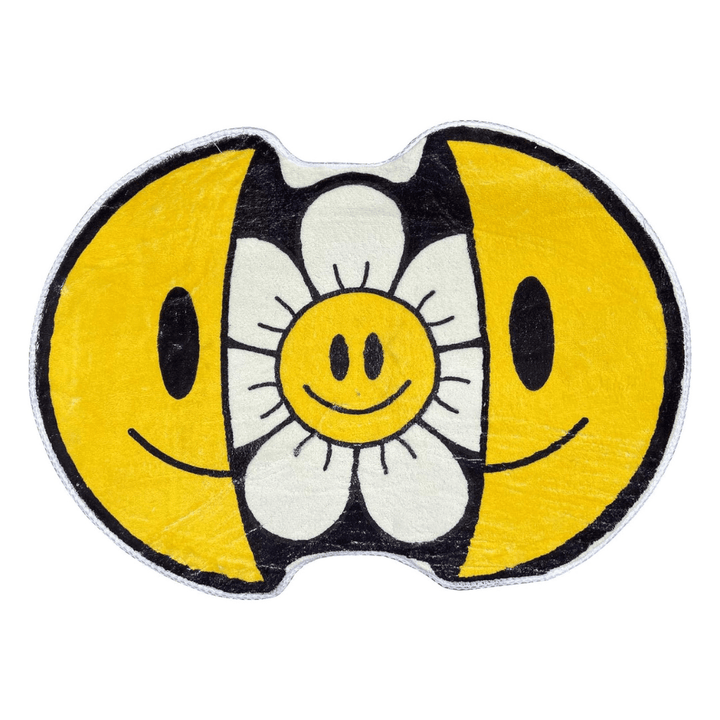 VibeCore Sunshine Split Smiley Accent Rug showcasing its playful design with a smiling face splitting open to reveal a vibrant sunflower, offering a cheerful and whimsical touch to any room.