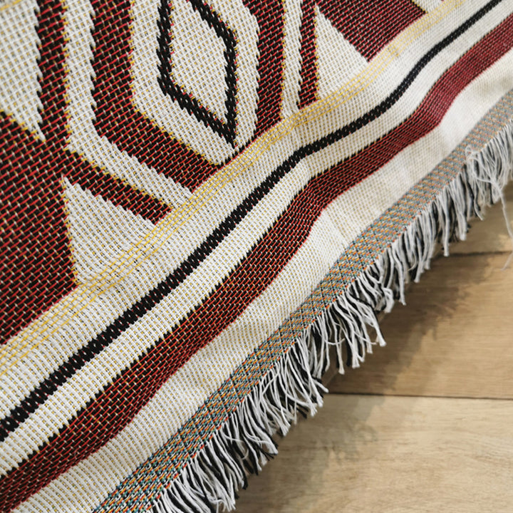 Close-up of the VibeCore Terra Medallion Woven Blanket fabric, showcasing its intricate texture and soft, breathable 100% combed cotton material with earthy medallion patterns.