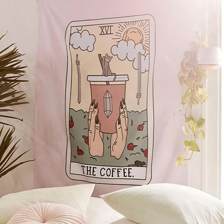 VibeCore The Coffee Tarot Tapestry Beside Window