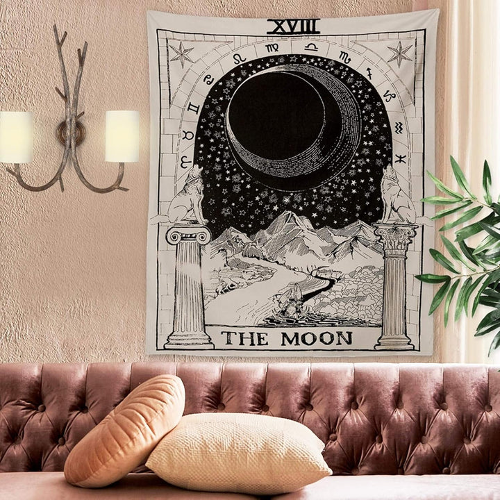 VibeCore The Moon Tarot Card Tapestry On Wall Behind Couch