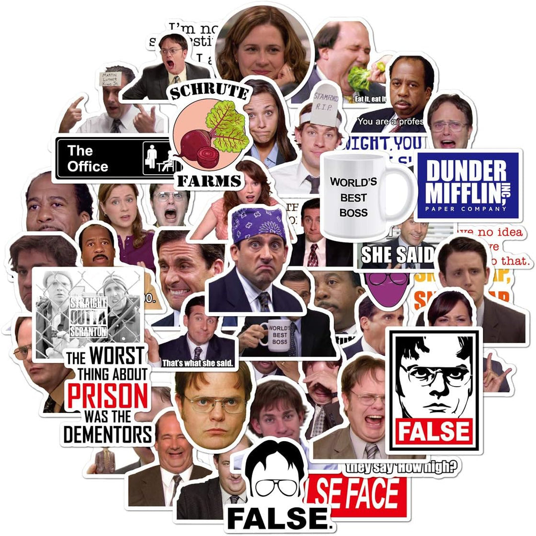A circular cluster featuring VibeCore The Office Stickers with vibrant designs of iconic quotes and characters like Michael Scott. Perfect for customizing laptops, water bottles, notebooks, and more. Cute stickers crafted for durability, fade resistance, and residue-free application.