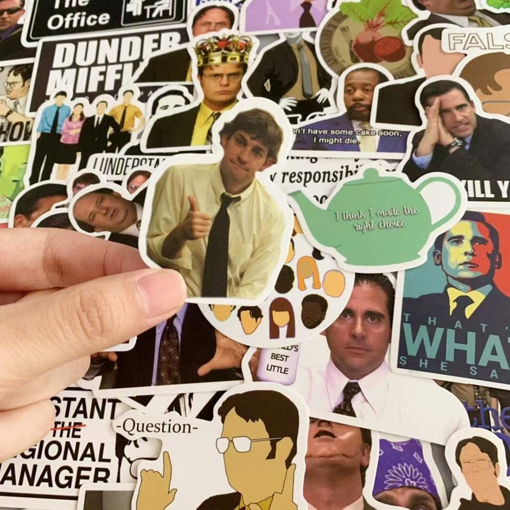 Close-up of a VibeCore The Office Sticker featuring Jim Halpert. High-quality, durable, and fade-resistant design perfect for laptops, water bottles, and notebooks.